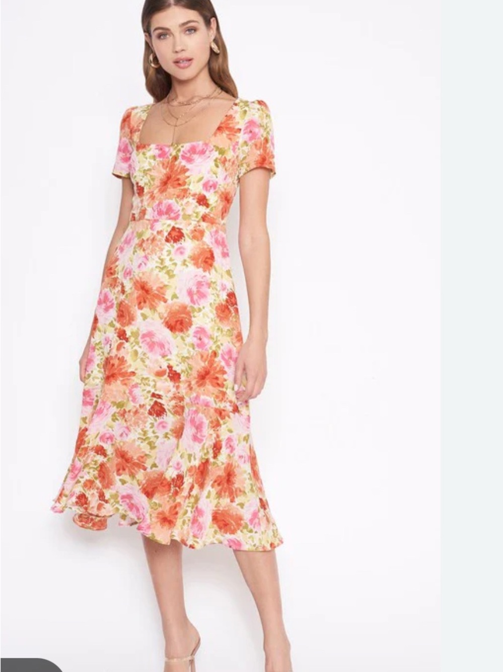 Vici Floral Scoop Neck Midi Dress in Pink & Orange